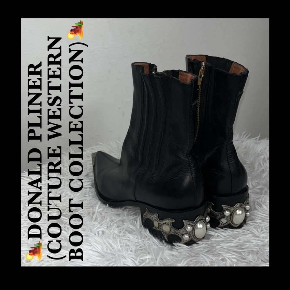 Donald J. Pliner Black Leather Western Booties with Decorative Pearl Heels